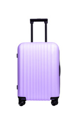 Purple suitcase with wheels and handle, stylish luggage for travel, vacation, and business trips. Modern baggage design, airport journey, and tourism concept. Isolated on white background..