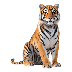 Obraz premium Majestic tiger sitting upright and looking directly forward on a plain transparent background ready for editorial use.