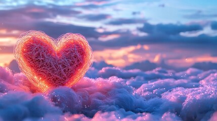 Fototapeta premium A glowing heart made of soft string radiates warmth above a bed of fluffy clouds during a colorful sunset. The sky is painted with shades of orange and pink