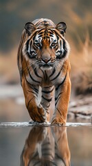 Tygrys bengalski przechodzący przez płytką wodę