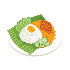 Traditional Malaysian Nasi Lemak with Cucumber, Eggs, and Anchovies on Banana Leaf 