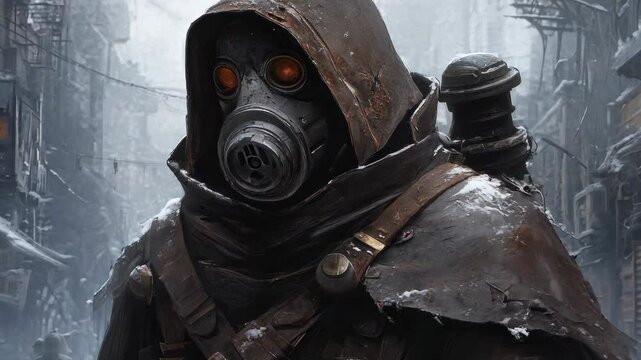 A villainous NPC in a gas mask and a hood in a post-apocalyptic game world. A post-apocalypse movie character.