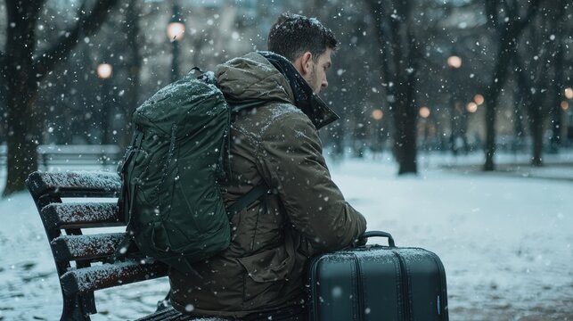 A traveler sits on a bench in a snowy park, looking contemplative while holding a black suitcase. Snowflakes fall gently around, creating a quiet, peaceful atmosphere in the city