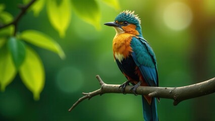 Fototapeta premium A Vibrant Bird Perched on a Branch Amidst Lush Green Foliage, Basking in the Warm Sunlight