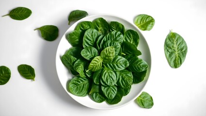 Obraz premium Fresh Green Spinach Leaves in a White Bowl on a Clean Background 