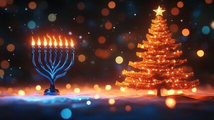 Naklejka premium Hanukkah and Christmas Festive Lights: A Magical Winter Night