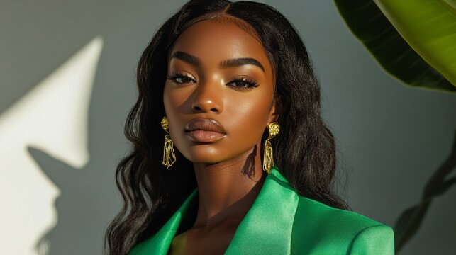 A poised model stands proudly against a bright backdrop, wearing an eye-catching green ensemble and statement earrings that reflect her bold sense of fashion and confidence