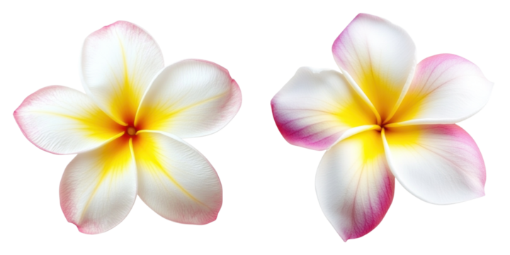Plumeria flowers with white petals and pink tips on transparency background