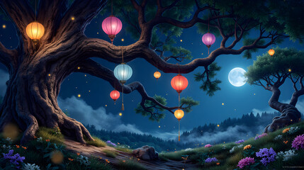 Majestic tree with glowing lanterns in a mystical forest with fireflies - World Storytelling Day