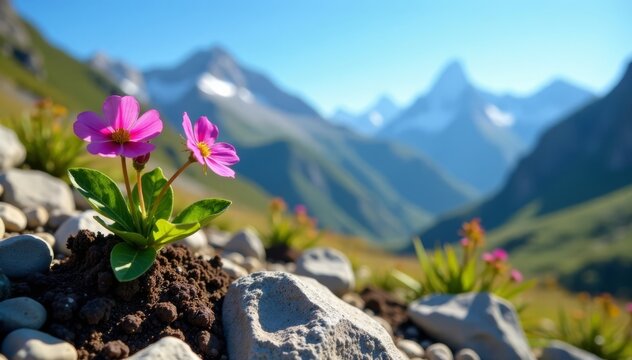 A cluster of bitterroot flowers sprouts from the earth on a rocky alpine slope under a clear blue sky, grassy slope, alpine terrain