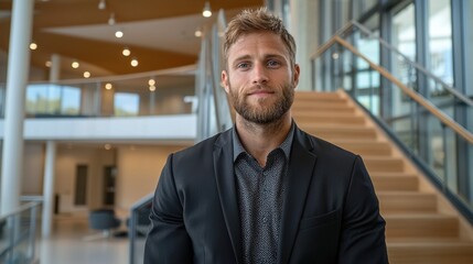 Obraz premium A man with a beard and stylish attire stands confidently in a contemporary office space. The setting features elegant architecture and bright overhead lights that enhance the professional atmosphere