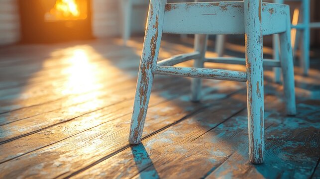 Rustic white chair stands on weathered wood floor, sunlit by a glowing fireplace