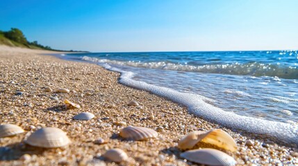 Seashells scattered on a sandy beach as gentle waves wash ashore, with clear blue skies creating a serene atmosphere during a sunny day at the coast