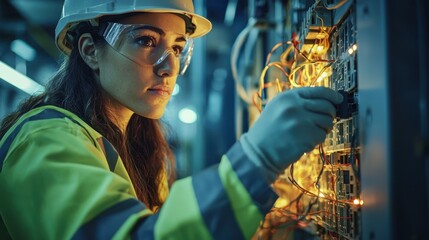 A technician in a safety helmet and reflective gear adjusts complex wiring in a high-tech environment. The warm glow of lights enhances the focused atmosphere during evening work