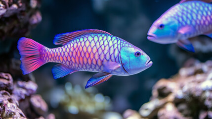 Fototapeta premium Vibrant parrotfish swimming in a coral reef ocean scene