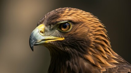 Obraz premium Golden eagle close up with striking yellow eyes and brown feathers showcasing wildlife beauty Themes of conservation and biodiversity