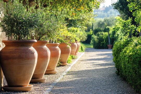 Pathway lined with terracotta pots and lush greenery in a serene garden setting bathed in warm sunlight near rolling hills