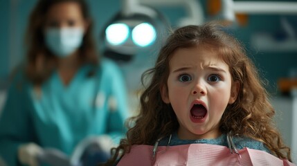 Fototapeta premium A young girl shows fear while sitting in a dental chair, wearing a bib, as a dental professional prepares for a checkup in the background, creating a tense atmosphere