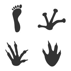 Fototapeta premium Human and reptiles- footprints silhouettes set isolated on white background, such as idea of logo in gray. Stock vector. EPS10.