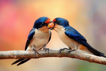 Obraz premium Two Swallows Sharing Food on a Branch in Warm Soft Light