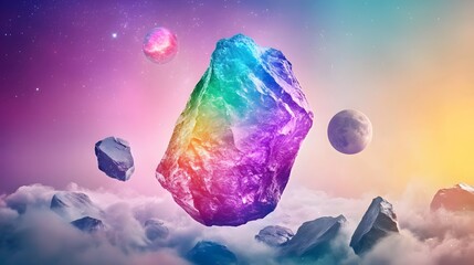 Fototapeta premium Vibrant Colorful Crystal Floating in a Cosmic Atmosphere with Stars and Nebula Background