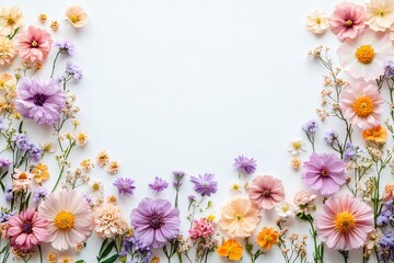 Fototapeta premium A beautiful arrangement of pastel-colored spring flowers on a minimalist white background, perfect for greeting cards for weddings, Mother's Day, or spring events.