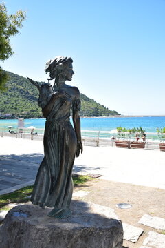 Sapri, Italy - June 14, 2024 - This statue in Sapri Italy is a tribute to La Spigolatrice di Sapri  ( The Greaner of Sapri) a poem written by Luigi Mercantini in 1857.