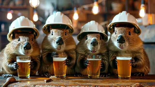A cheerful group of beavers in white helmets drink beer and relax in a cafe after a work shift. Day of the builder and miner.