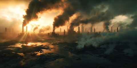 Industrial pollution apocalypse. Factories emitting toxic smoke, polluting air, water. Devastated landscape with flooded areas. Environmental disaster, climate change impact. Global warming, ecology