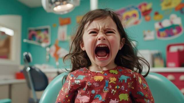 A young girl in a colorful outfit sits in a dental chair, visibly upset and screaming while surrounded by cheerful decorations and dental tools in a clinic