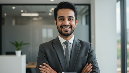 Fototapeta premium South Asian man in business attire smiling in modern office Captures professionalism, success, and career growth
