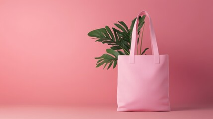Pink tote bag, plant, pink backdrop, mockup