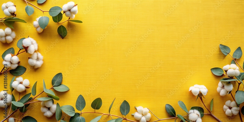 Poster a minimalist yellow background with eucalyptus branches adorned with delicate cotton blooms framing 