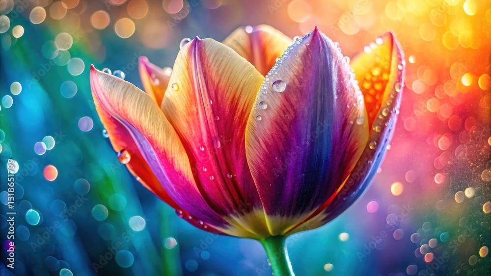 Aufkleber a single tulip with dew drops on its petals, bathed in a soft, colorful bokeh light.
