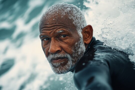 Senior man surfing amidst crashing waves on a sunny day at the beach - Powered by Adobe