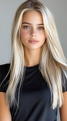 Naklejka premium Elegant blonde European woman posing in t-shirt and shorts, photorealistic, casual fashion look, gray studio background, ideal for e-commerce 