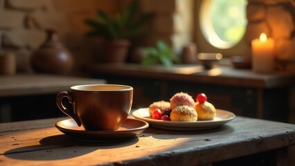 Warm Morning Light Illuminates Rustic Table Setting with Coffee and Sweet Pastries