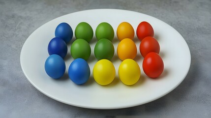 Colorful Decorative Eggs Arranged in a Grid Pattern on a White Plate Against a Neutral Background