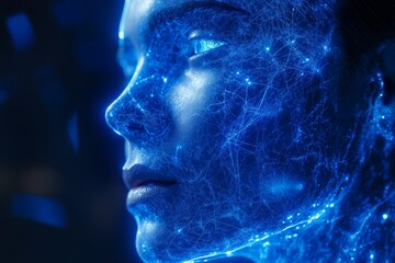 Fototapeta premium Digital representation of a human face illuminated with blue light patterns and technological elements in a futuristic setting