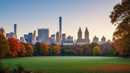 Obraz premium Central Park in New York City features autumn trees and skyline at sunrise Highlights urban nature and recreational space