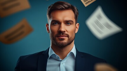 Man in a suit is surrounded by papers. Concept of chaos and disorganization, as the papers are scattered all around him. The man's serious expression
