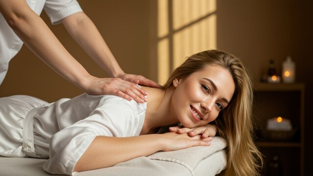 Caucasian woman receiving a massage in a serene spa setting with soft lighting, promoting wellness and self care