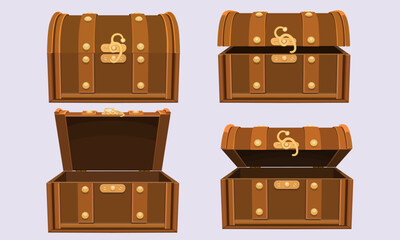 Set of chests with different lid positions, open, half open, closed, half closed, medieval cartoon chest with twist lock, pirate treasure, isolated vector icon.