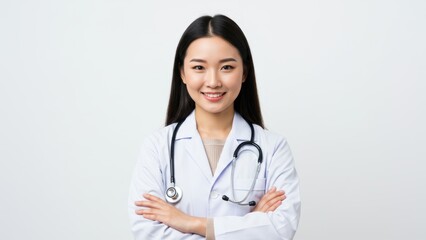 Asian female doctor wearing white lab coat and stethoscope smiling in healthcare setting Diversity and female empowerment in medicine