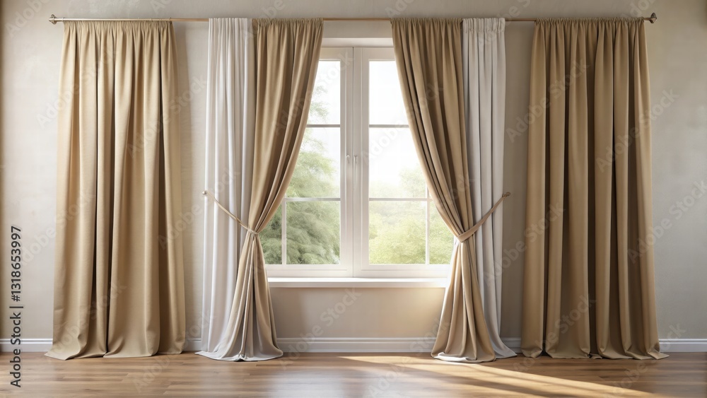 Fototapete sunlight streams through the window, illuminating the beige and white curtains, creating a warm and 
