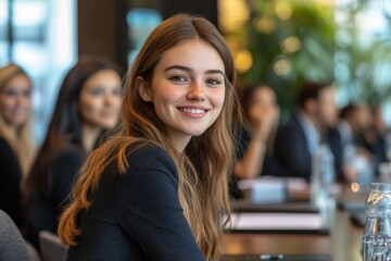 Obraz premium Young woman smiling during a business meeting in a modern conference room with colleagues engaged in discussion