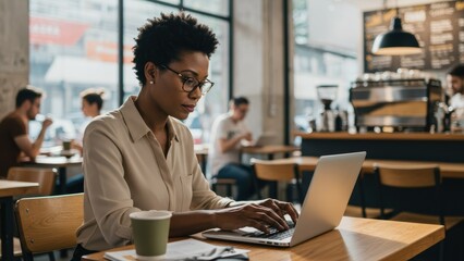 African American woman works on laptop in coffee shop, engaged in productivity and collaboration within urban lifestyle