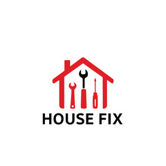 House Fix Vector Logo, Home Repair Service Icon with Tools, Roof and Box, Professional Home Maintenance