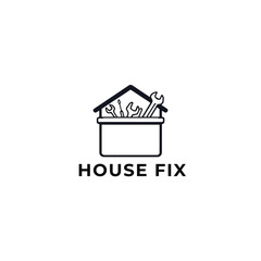 Professional House Fix Vector Logo, Home Repair Service Icon with Tools, House Roof and Box Illustration