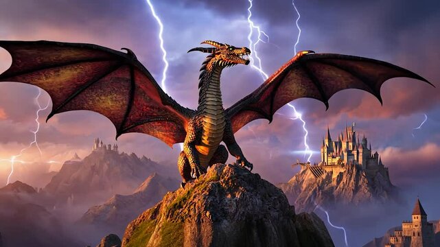 A majestic dragon with powerful wings perches on a rocky peak, lightning striking behind it, overlooking an ancient castle in a fantasy landscape.